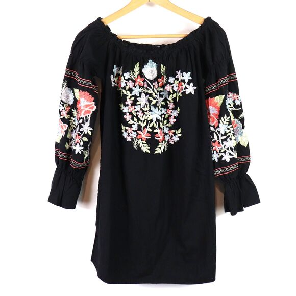 Free People Black Fleur Du Jour Embroidered Off Shoulder Mini Dress S - Picture 3 of 8